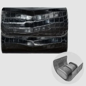 Portaorologio Watch Roll in Pelle di Coccodrillo Nero Personalizzato Made in Italy 2 slot