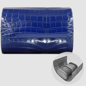 Portaorologio Watch Roll in Pelle di Coccodrillo Blu Personalizzato 2 slot