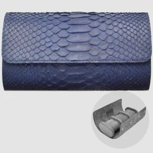 Portaorologio Watch Roll in Pelle di Pitone Blu Navy Personalizzato 3 slots per 3 orologi