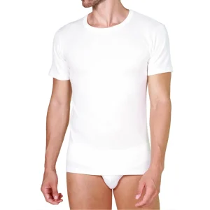 Canottiera t-shirt uomo a mezza manica paricollo in lana e cotone sulla pelle di Mariotti Lab