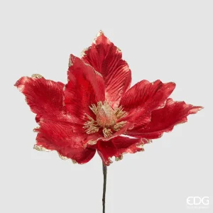 Fiore magnolia metallizata con glitter rosso d 24 cm | EDG - Enzo De Gasperi