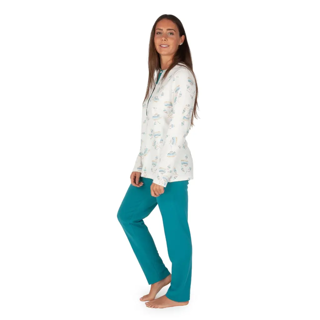 Pigiama donna a serafino a manica lunga in caldo cotone interlock | Linclalor - immagine 3