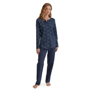 Pigiama donna a serafino a manica lunga in puro cotone interlock Midnight Dreams