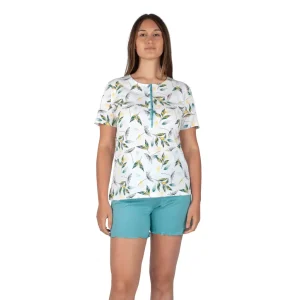 Pigiama donna a serafino a mezza manica e pantaloncino in puro cotone leggero Foglie | Mariotti lab