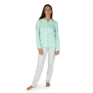 Pigiama donna aperto a manica lunga con colletto in caldo cotone interlock | Linclalor