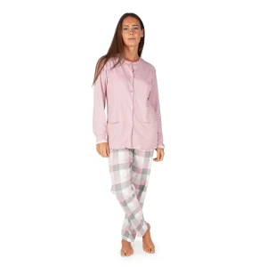 pigiama donna lungo aperto davanti con pantalone dritto in fantasia quadri in caldo cotone interlock | mariottilab