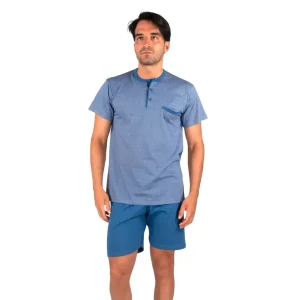 Pigiama uomo a serafino corto con pantaloncino bermuda in cotone leggero | Mariotti Lab