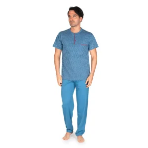 Pigiama uomo a serafino a mezza manica con pantalone lungo in puro cotone leggero | Mariotti Lab