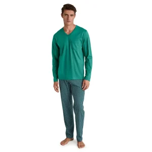 Pigiama uomo lungo con scollo a V Imprint in cotone leggero | Calida