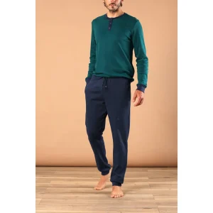 PIGIAMA UOMO SERAFINO CON POLSINI IN TINTA UNITA BICOLORE IN CALDO COTONE INTERLOCK | MARINA MILITARE