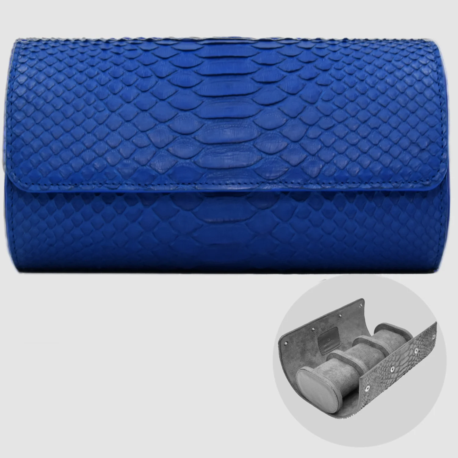 Portaorologio Watch Roll in Pelle di Pitone Blu  Cobalto Personalizzato 3 slots per 3 orologi - immagine 2