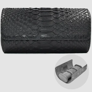Portaorologio Watch Roll in Pelle di Pitone Nero Personalizzato 3 slots per 3 orologi